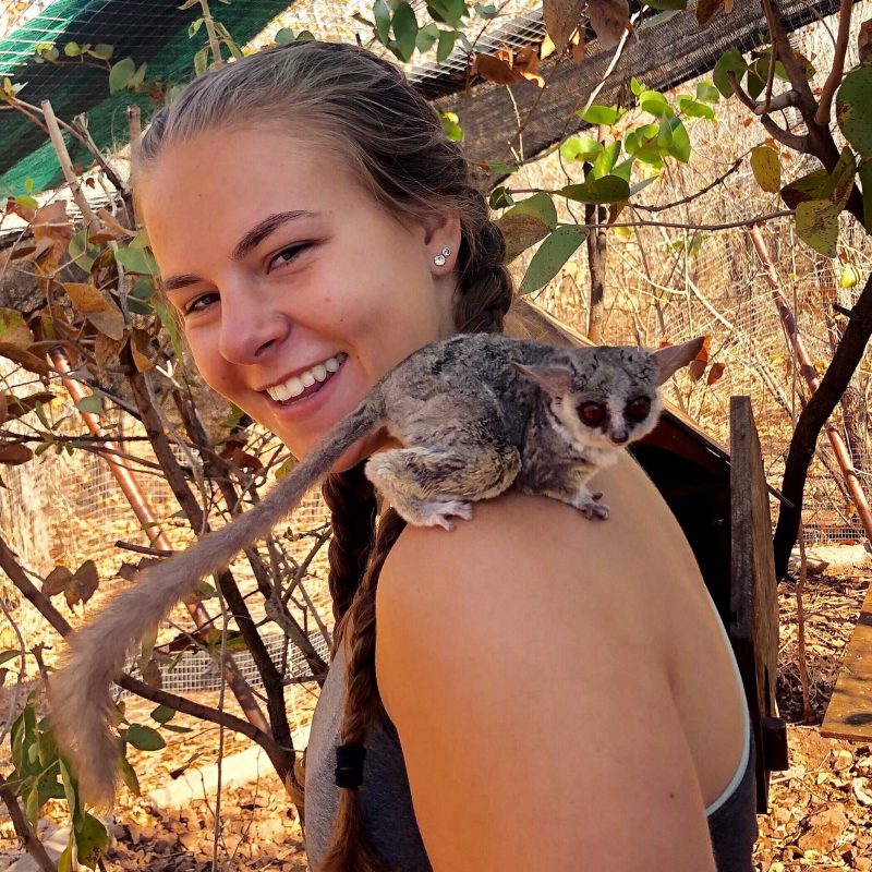 A young woman stands with a small bushbaby perched on her shoulder.