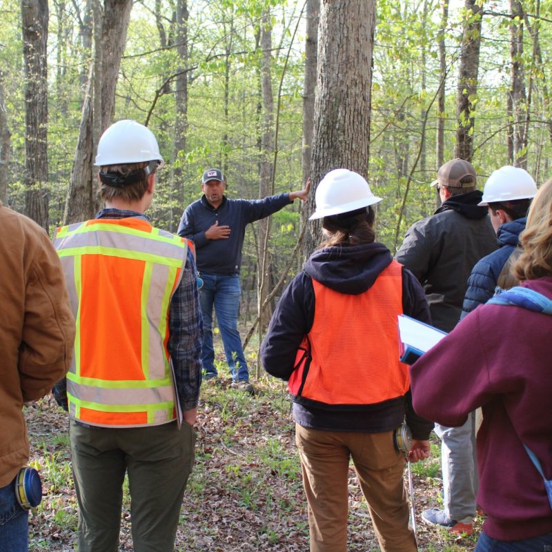 Kevin Smith outstretches his hand on a tree, talks to a group of students wearing hard hats in a forest, two in blaze orange vests.
