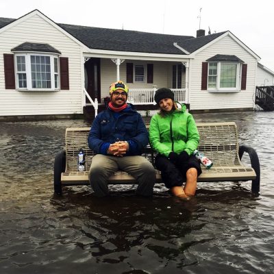 Stephen Eren and Alex Crooks take a break on Smith Island during Hurricane Joaquin.
