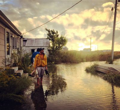 Stephen Eren prepares to test the biodiversity of four days' worth of floodwater on Smith Island.