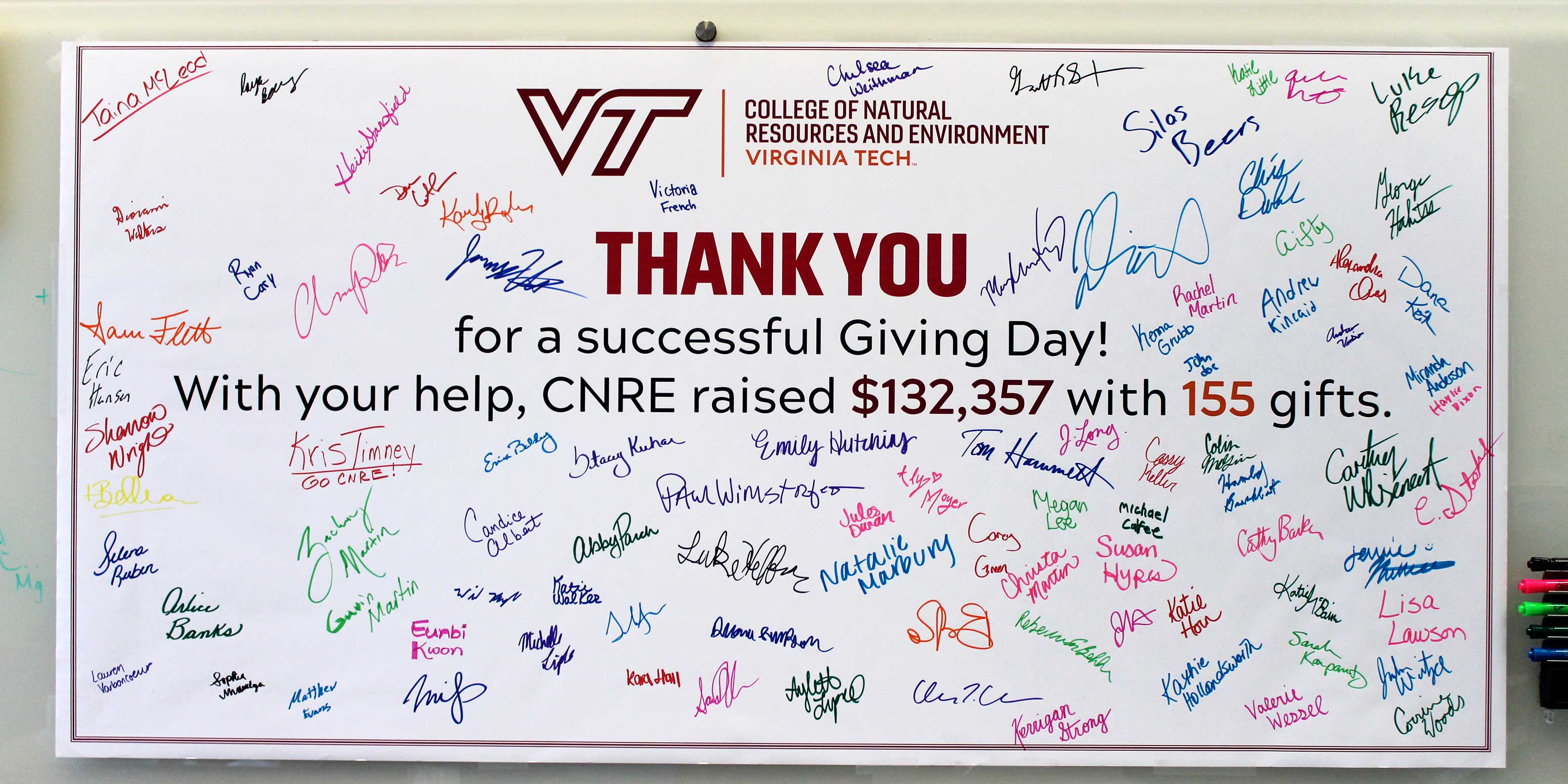 A large white board with text reading “Thank you for a successful Giving Day! With your help, CNRE raised $132,357 with 155 gifts.” and many hand-written signatures.