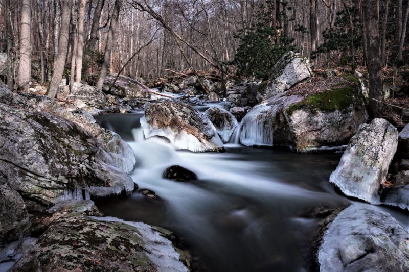A creek flows over rocks and boulders in a winter forested landscape.