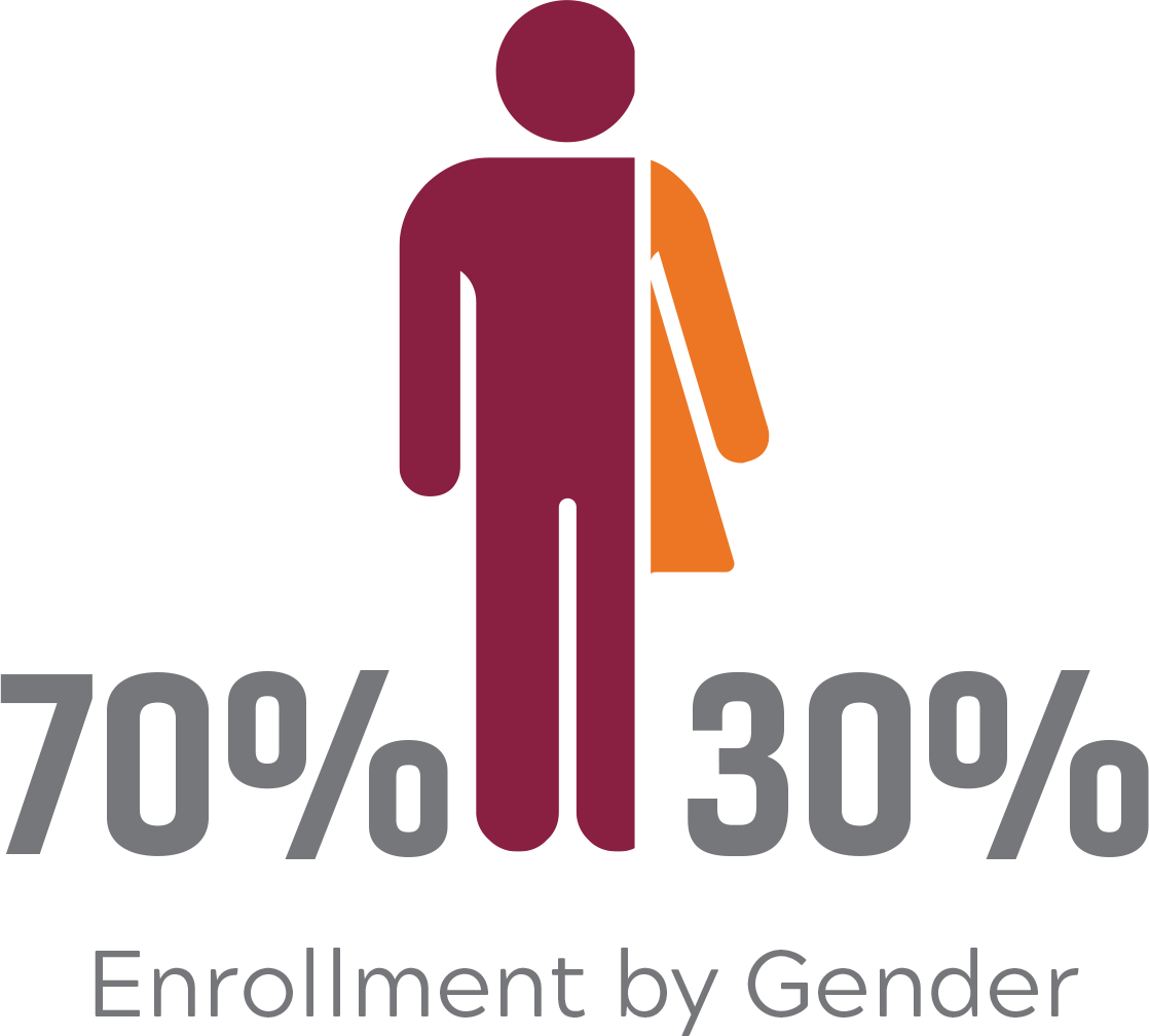  Geography Enrollment by Gender: 70% male, 30% female.