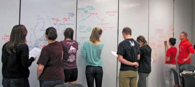 Students collaborate on many learning activities in Cheatham Hall’s SCALE-UP classroom.