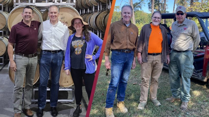 A composite of two photos Dean Winistorfer visits the Millers with wine barrels in background (at left), and the Kennedy Tree Farm (at right)