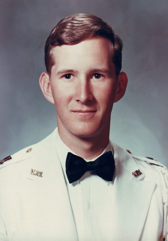 Headshot of Lee Spradlin in 1971, wearing V.P.I. insignia on white uniform coat.