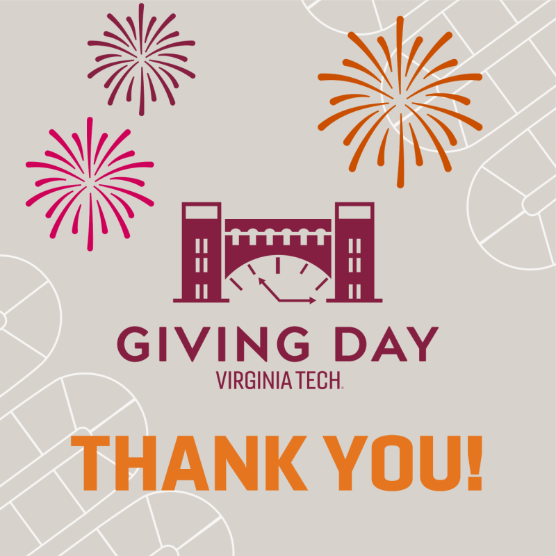 Giving Day Virginia Tech logo with fireworks and text that reads, "Thank You!"