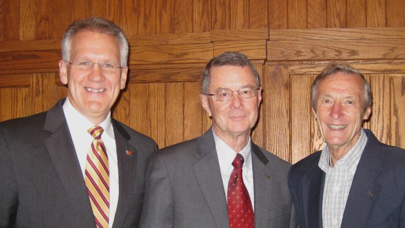 At left, Paul Winistorfer, Mike Kelly, and Paul Winistorfer (at left), current Dean of the College of Natural Resources and Environment, joined John Hosner (at right), honorary founding dean of the college, to celebrate the retirement of Dean Mike Kelly in 2009.John Hosner