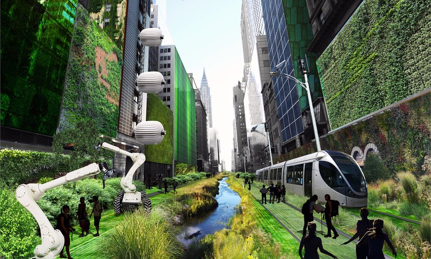 A design of a futuristic ecological city including foliage on the façade of skyscrapers, silhouettes of people walking along a stream and flora — with a train going by — in place of streets.