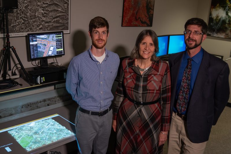 (From left to right) Joe Newman, Kitty Hancock, and Peter Sforza lead work in the Center for Geospatial Information Technology at Virginia Tech to analyze the locations of vehicle crashes throughout Virginia.